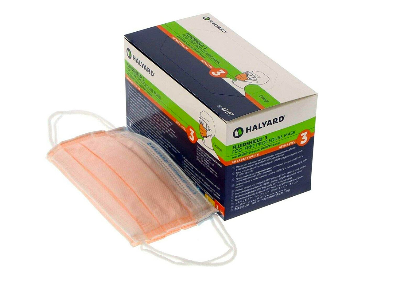 Mascarilla de procedimiento Halyard FluidShield nivel 3, naranja, caja de 40, ASTM F2100-11 Level 3